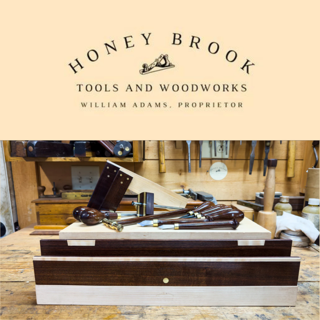 Honey Brook Tool and Woodworks Logo with products he makes. Marking knives, marking gauges, winding sticks, plane adjusting hammers, screw drivers and more.