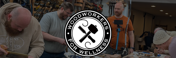 Woodworkers For Wellness Logo with James Wright teaching a Plane Wellness Course