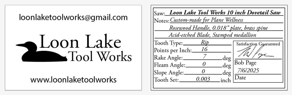 Picture of the Saw Specs for the Loon Lake Saw Specs for the Plane Wellness Special Edition Saw