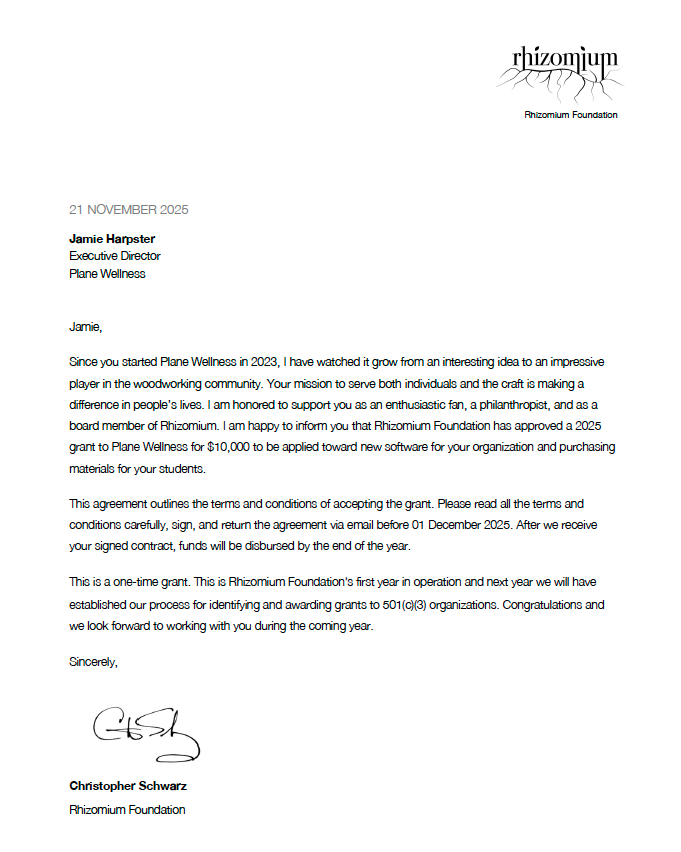 Picture of the Grant Letter from Christopher Schwarts and the Rhizomium Foundation awarded to Plane Wellness