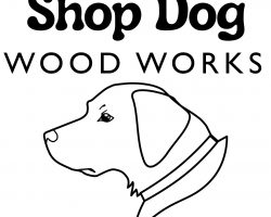 Shop Dog Wood Works Logo with text and an image of a dog