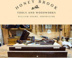 Honey Brook Tool and Woodworks Logo with products he makes. Marking knives, marking gauges, winding sticks, plane adjusting hammers, screw drivers and more.